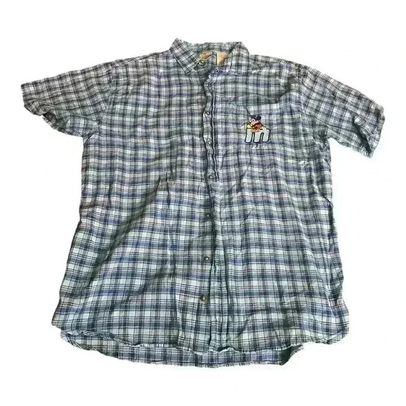 Disney Mickey Mouse Shirt L Blue Plaid Button Embroidered Character Vintage - Picture 1 of 4
